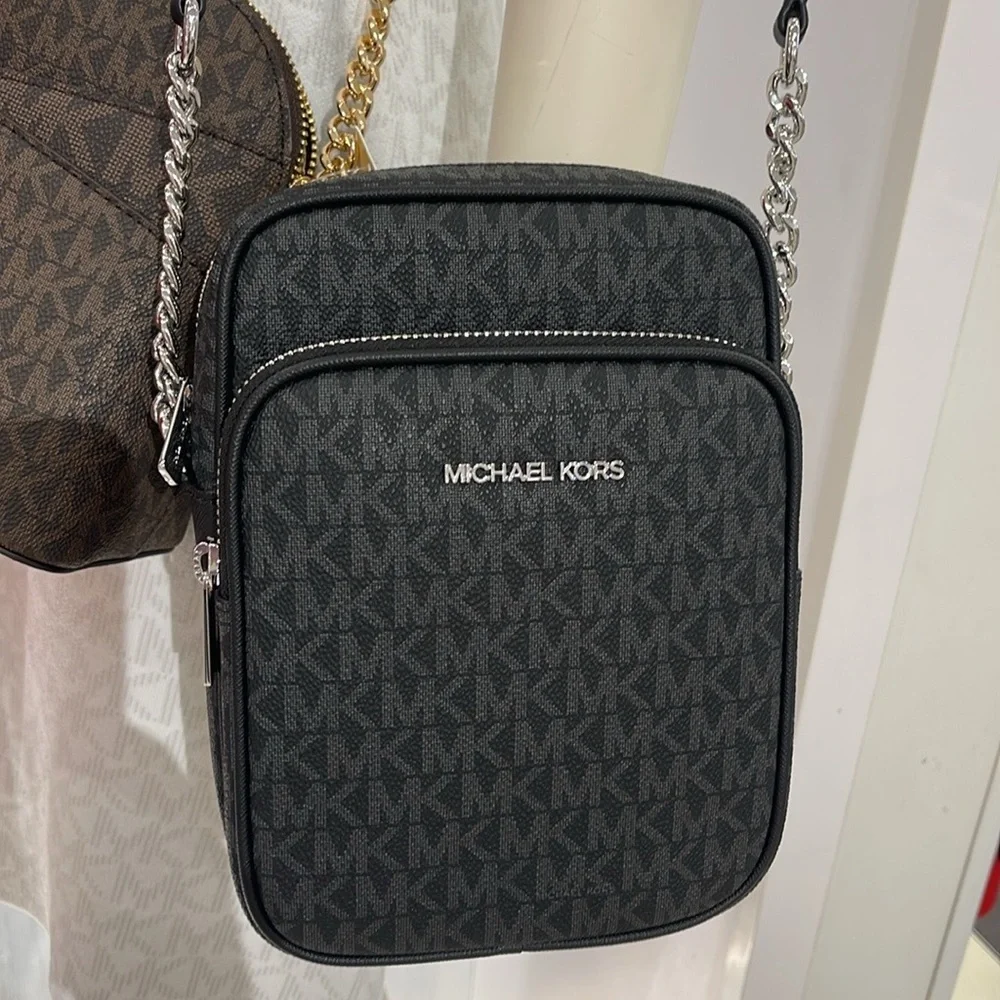 MICHAEL KORS Jet Set Trav Md Logo Crossbody Flight NS Black/Silver NWT Messenger